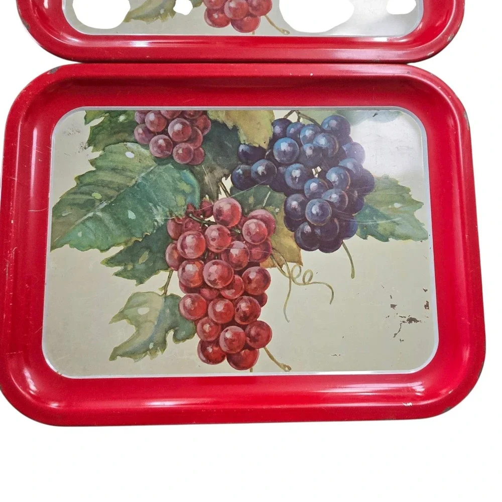 Vintage Metal Serving Trays Red Trim W/Grapes Design 10.5